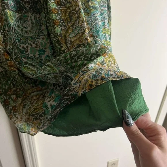 Anthropologie Floreat Amelia Green Paisley Bell Long Sleeve Mini Dress Size 0 - Picture 6 of 9